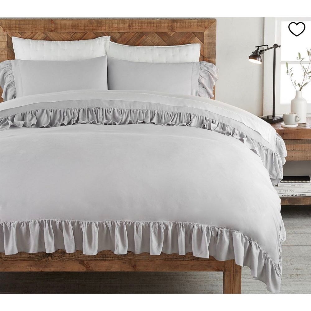 Pottery Barn Grey Tencel Lyocell Ruffle King Duvet Cover and 1 Euro Sham Set